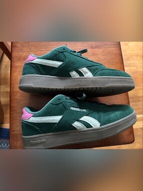 Reebok Green Suede Sneakers with Pink Heel Accent